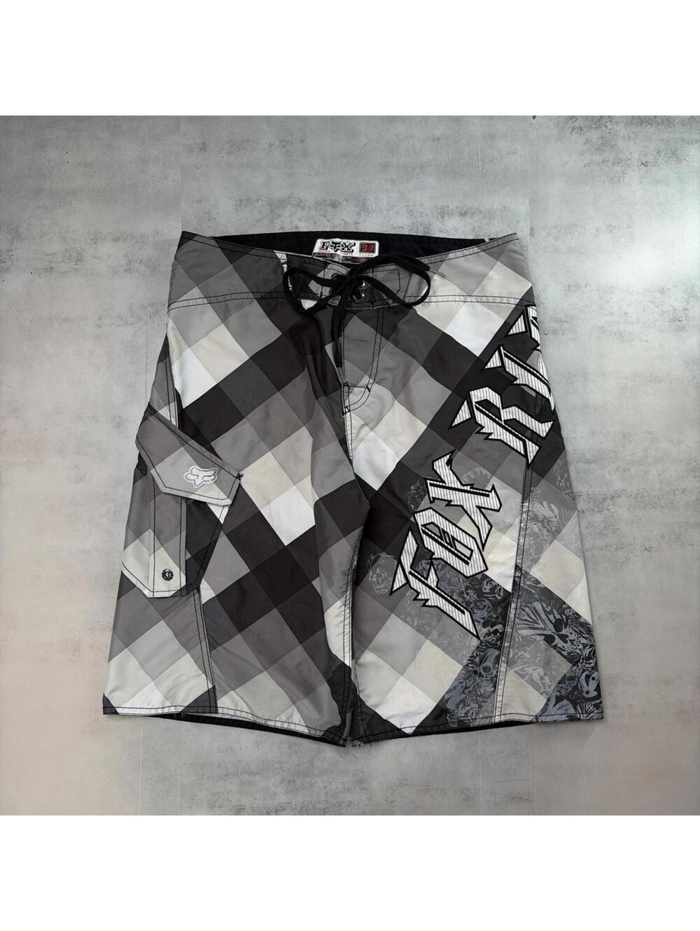 Y2K Black Fox Racing Grunge Gothic Riders Surf Baggy Plaid Board Shorts